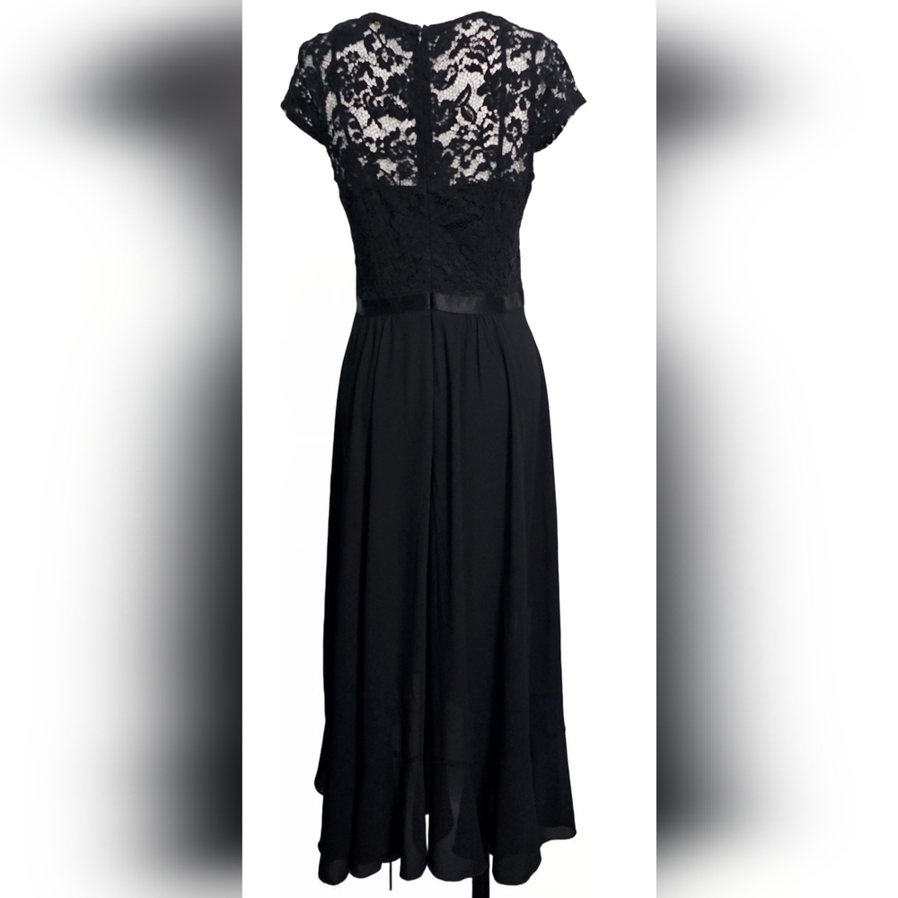 Miusol Formal Bridesmaid Lace V-Neck Coquette Ruffle Black Whimsigoth Maxi Dress - Picture 4 of 7
